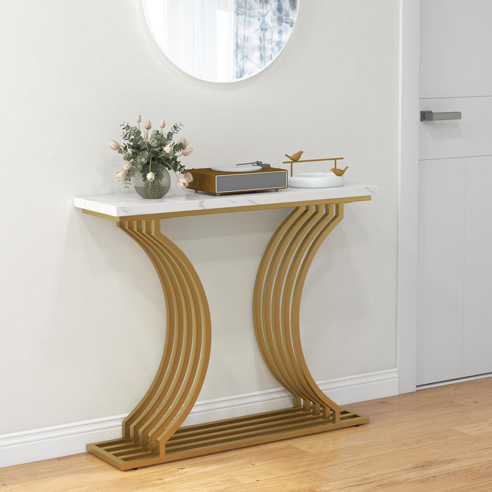 Giantex 100 cm Gold Modern Console Table with White Faux Marble Tabletop