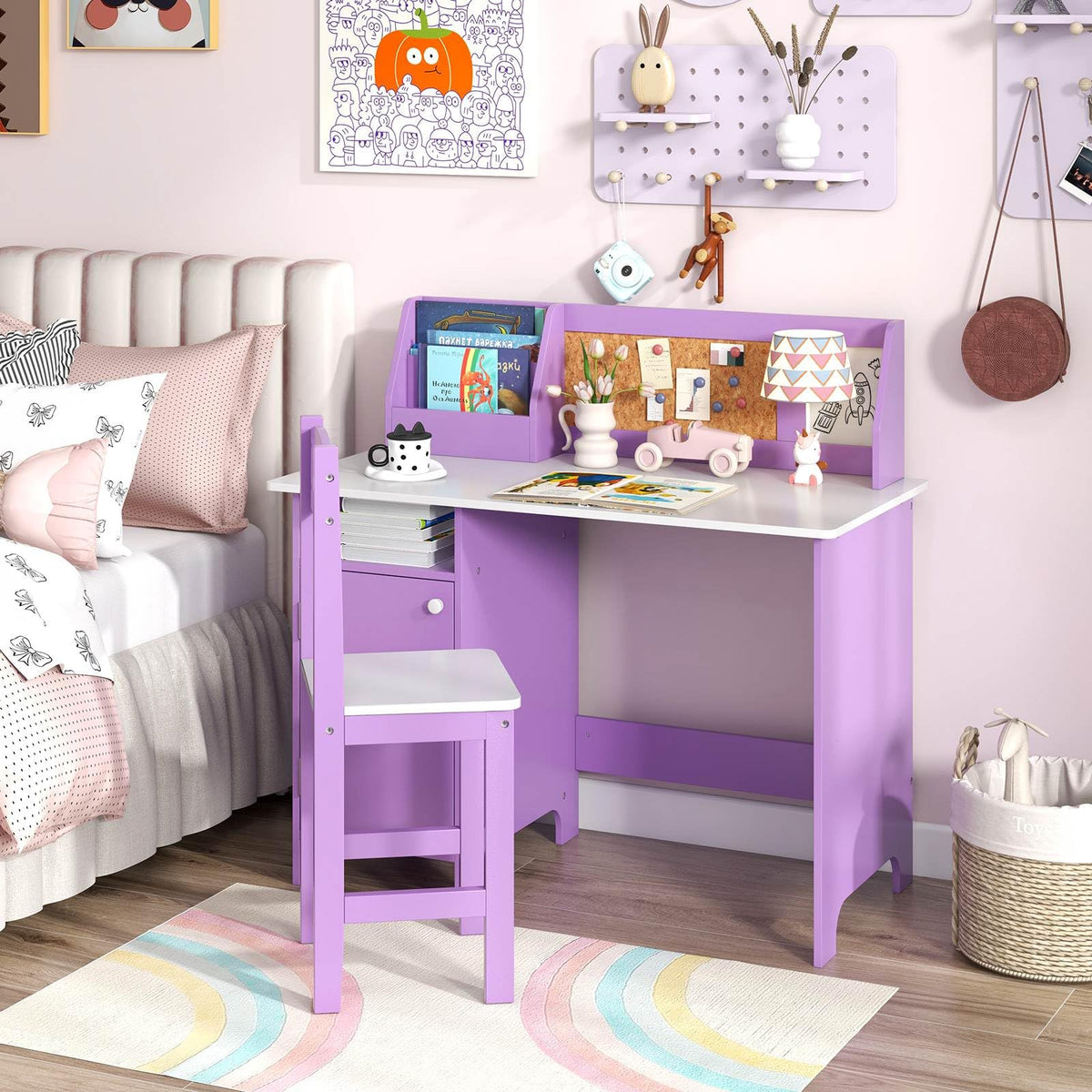 Wooden Kids Study Table and Chair Set with Hutch Bookshelf and Cabinet