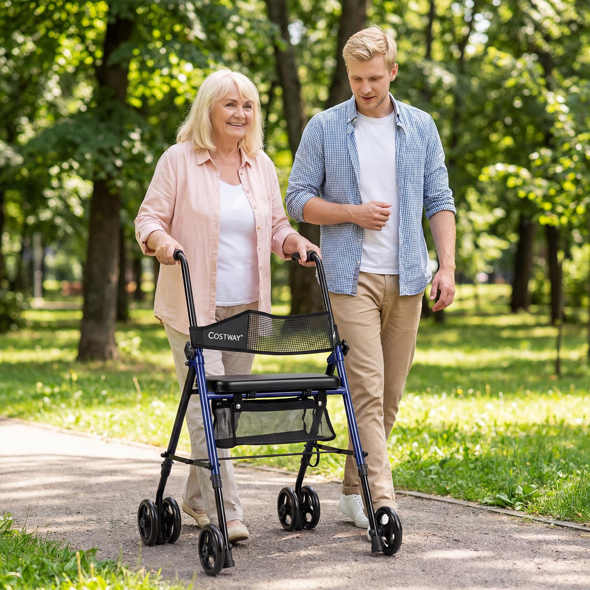 Rollator Walker with Seat, Foldable Mobility Walkers for Seniors w/8-Level Adjustable Handles