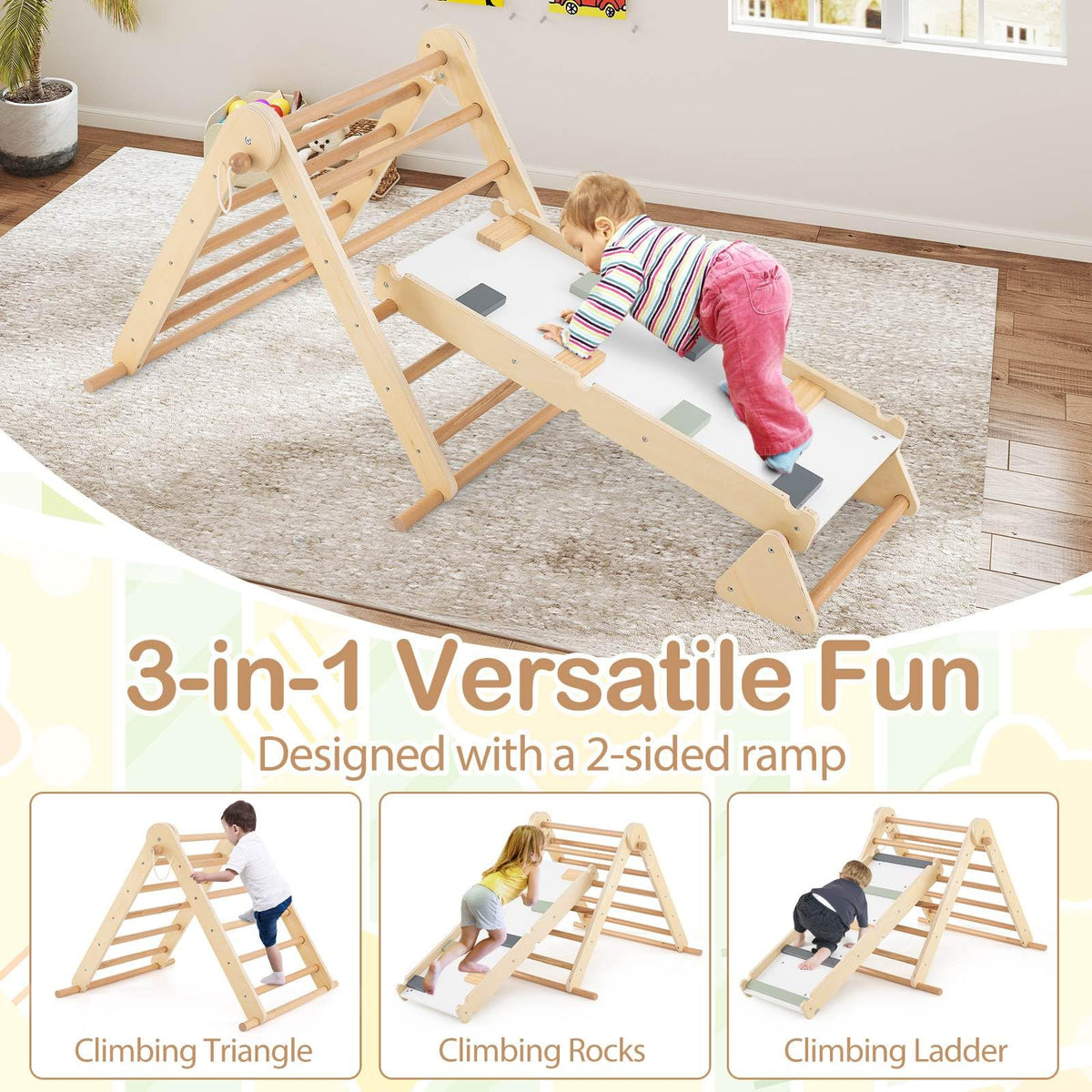 3-in-1 Pikler Triangle Climbing Set with Dual-Side Ramp and Adjustable Climbing Triangle