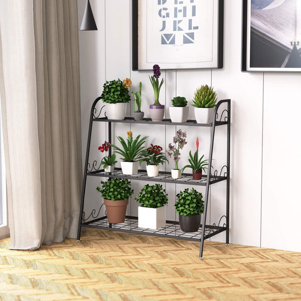 3-Tier Metal Plant Stand with Adjustable Feet for Indoor & Outdoor