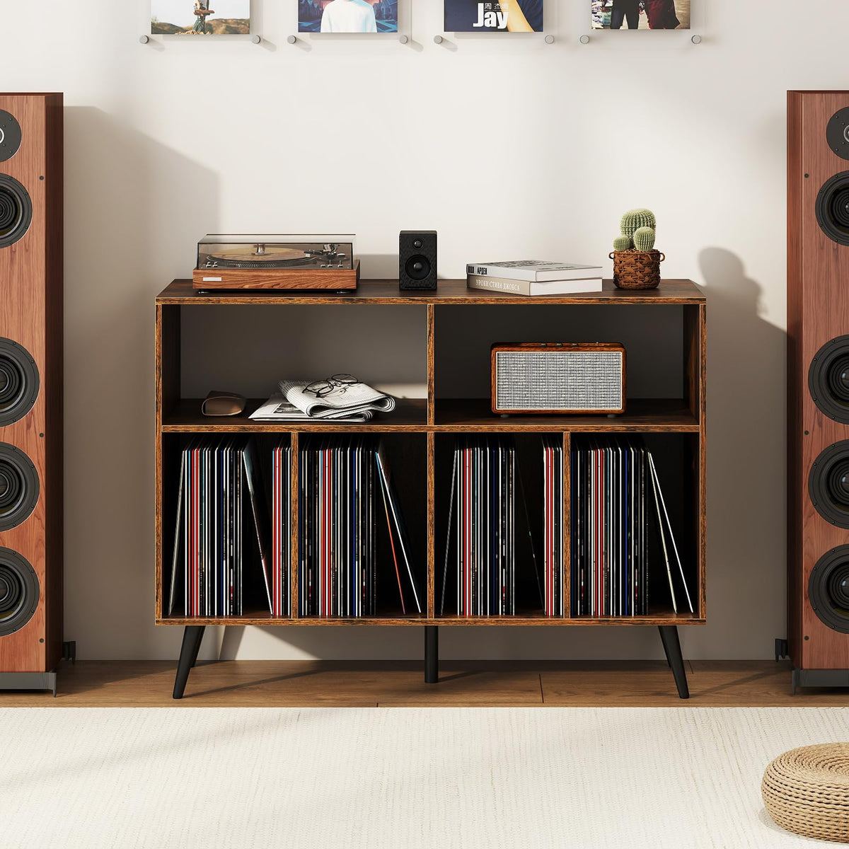 3-Tier Record Player Stand with Vinyl Storage Shelves and 5 Metal Legs for Living Room