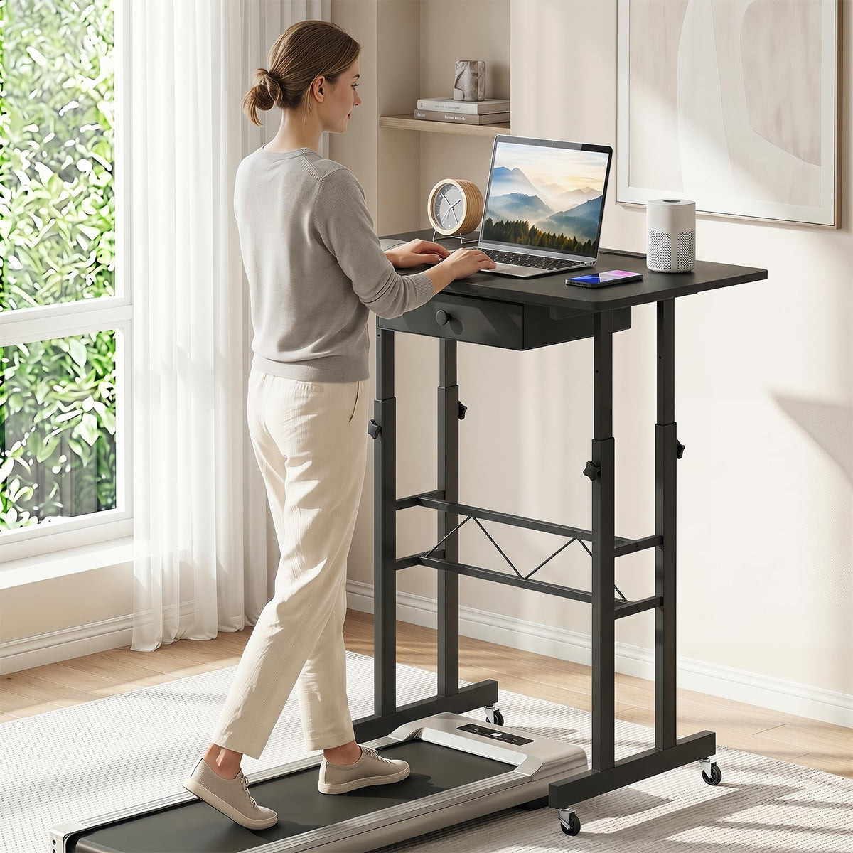 Standing Desk Height Adjustable with Fabric Drawer and Lockable Wheels
