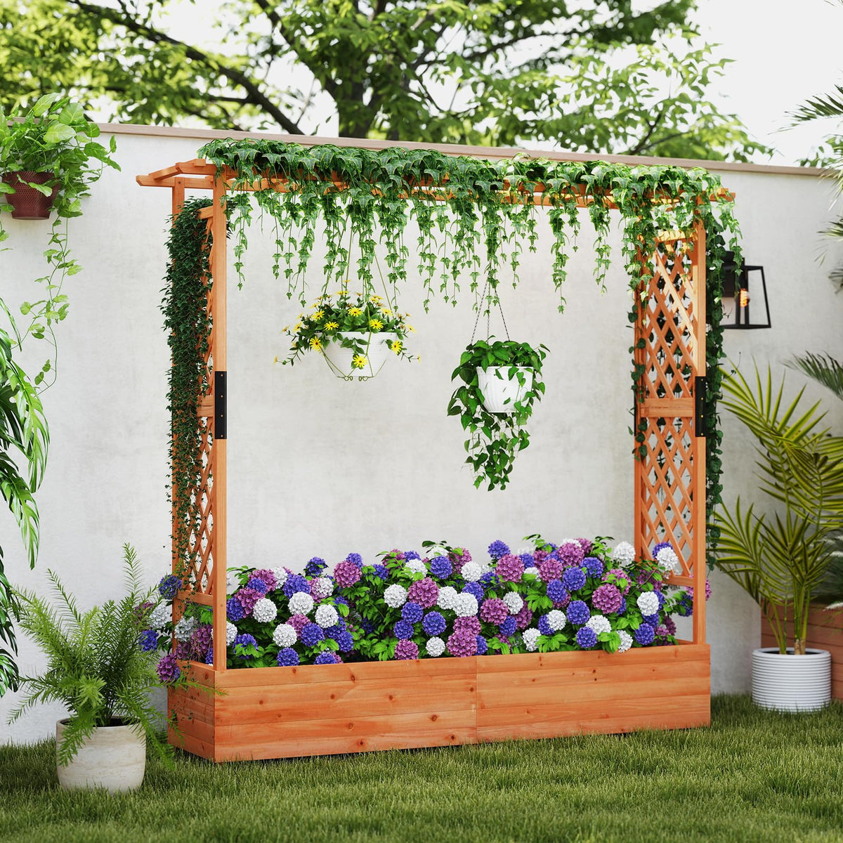 Giantex Raised Garden Bed with Trellis & Hanging Roof, 77"x17"x72"
