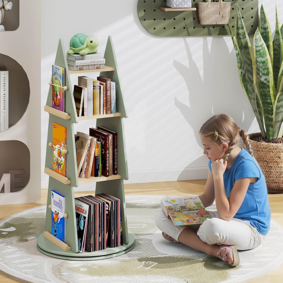 4-Tier Tree Shape Wooden Kids Rotating Bookshelf for Classroom Playroom Bedroom