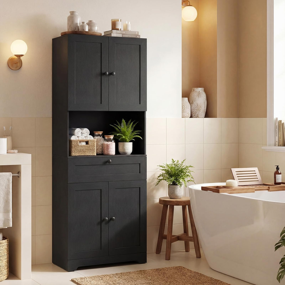 Tall Bathroom Cabinet, Freestanding Storage Cabinet with 4 Doors & 1 Drawer