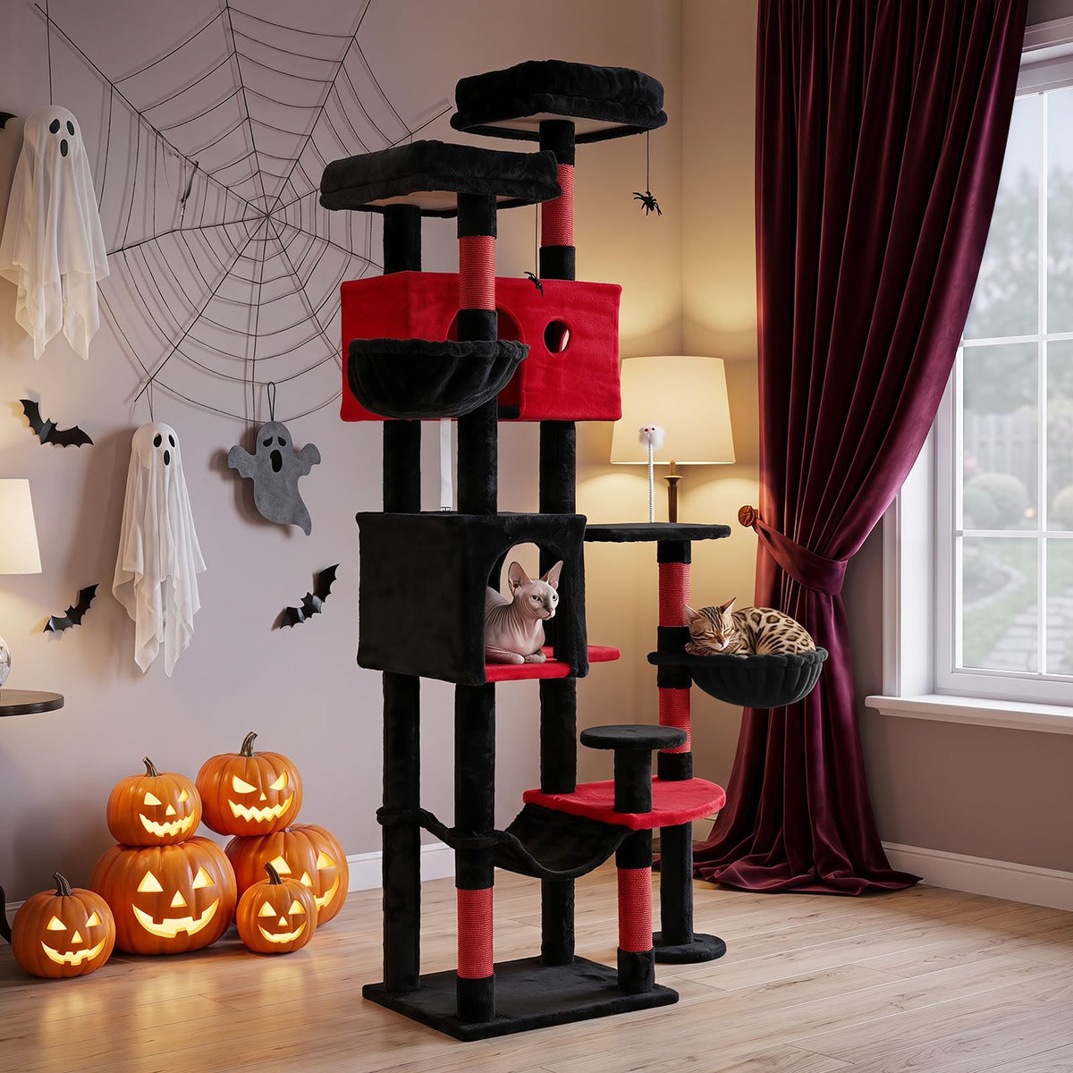 190cm Gothic Cat Tree for Indoor Cats with 2 Plush Perches and 2 Condos for Black Halloween