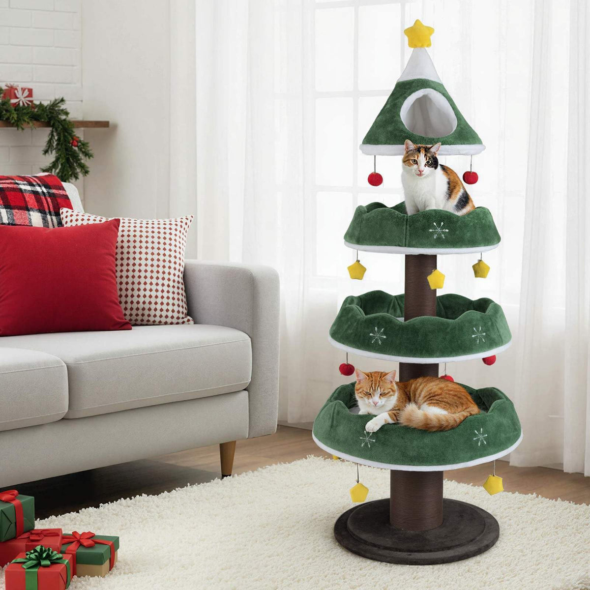 179 CM Tall Christmas Cat Tree, Multi-Level Kitten Tower with 3 Plush Platforms