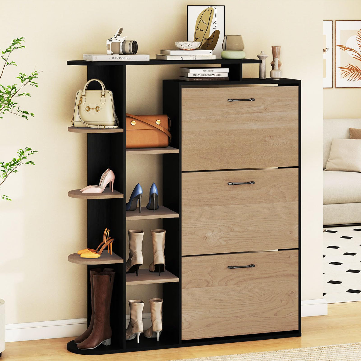 Shoe Storage Cabinet Freestanding Shoe Organizer with 3 Flip Drawers