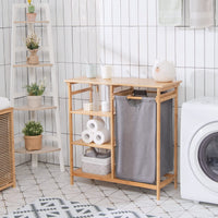 Giantex Bamboo Laundry Hamper Stand w/Sliding Bag & 3-Tier Open Shelves