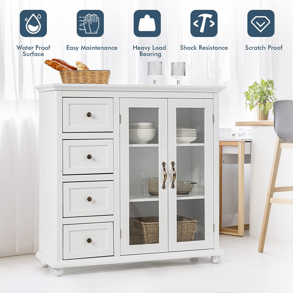 Giantex Buffet Sideboard, Kitchen Storage Cabinet w/ Clear Glass Doors, Dining Storage Sever (White)