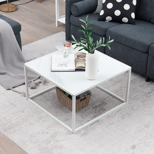 Square Coffee Table, Center Cocktail Table with Faux Marble Tabletop & Steel Frame, 70 cm x 70 cm x 40 cm