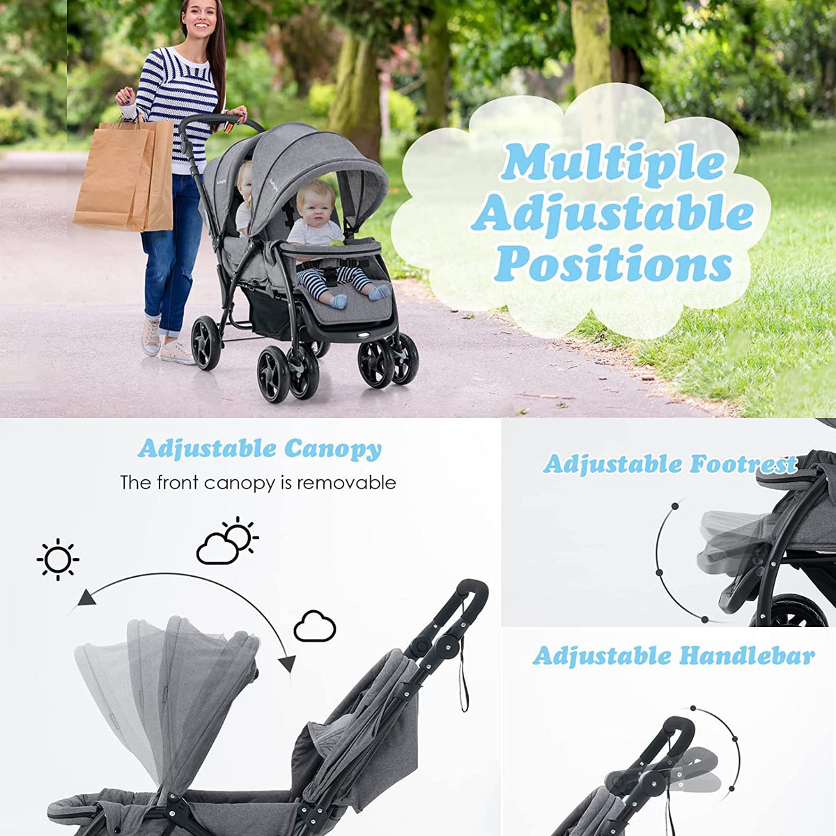 Foldable Tandem Stroller, Double Seat Baby Pram w/Adjustable Backrest, Push Handle and Footrest