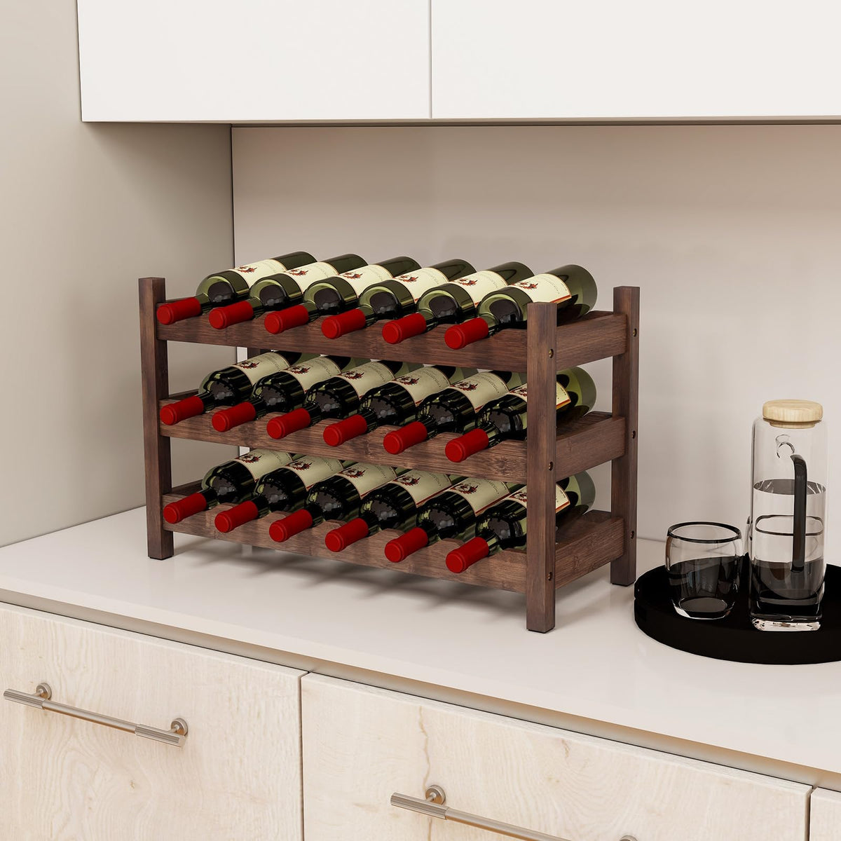 Giantex 3-Tier Bamboo Wine Rack, 18-Bottle Tabletop Wine Holder