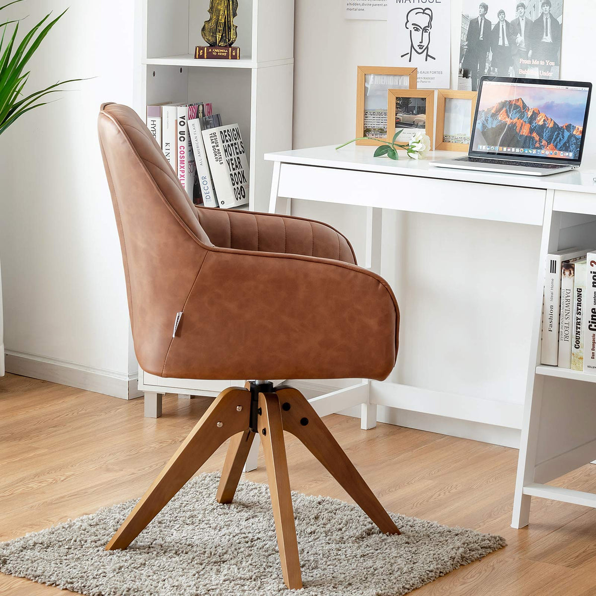 360° Swivel Accent Chair, Upholstered Armchair w/High-Density Sponge, Solid Wood Legs, PU Leather, Brown