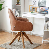 360° Swivel Accent Chair, Upholstered Armchair w/High-Density Sponge, Solid Wood Legs, PU Leather, Brown