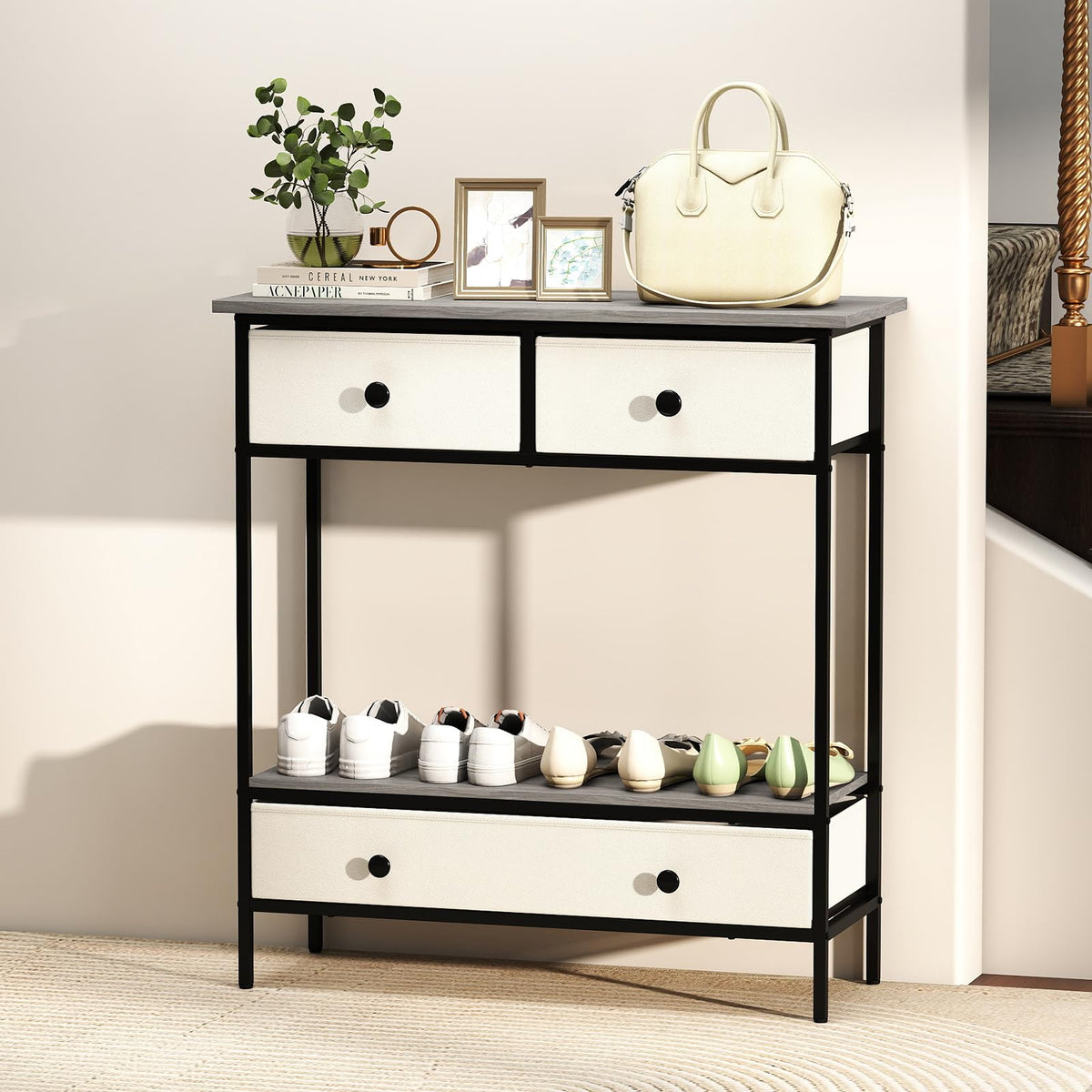 Console Table with Drawers Industrial Entryway Table with Open Storage Shelf