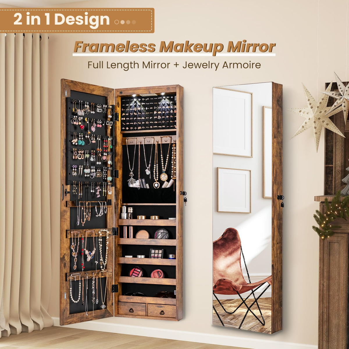 Mirror Jewelry Armoire, Wall Mounted/Over Door Jewelry Organizer