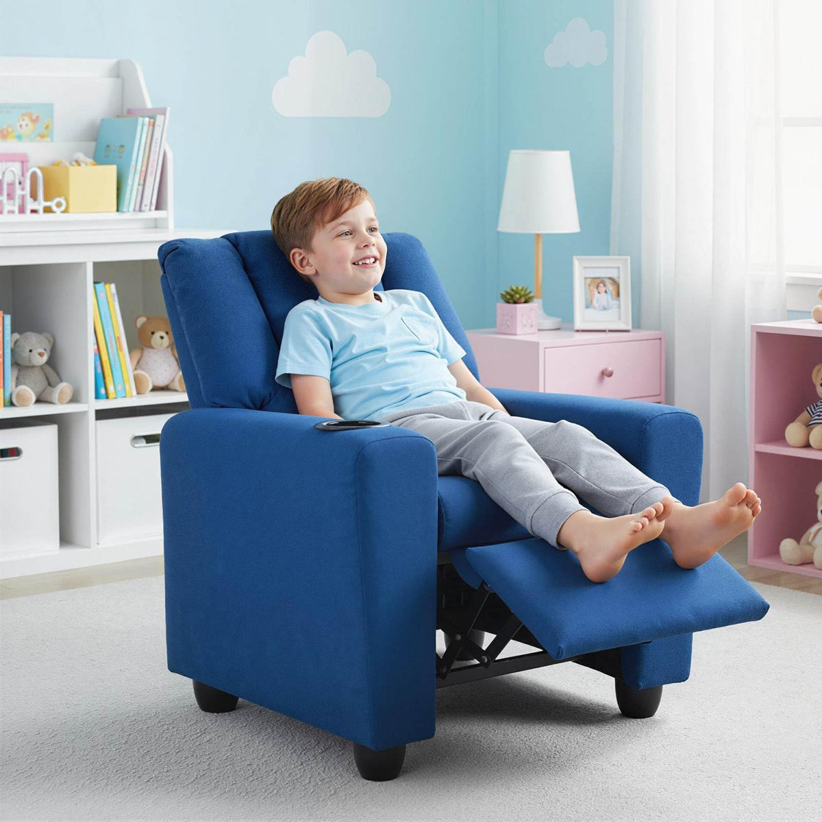 Kids Recliner Chair, PU Leather Push Back Toddler Sofa with Cup Holder