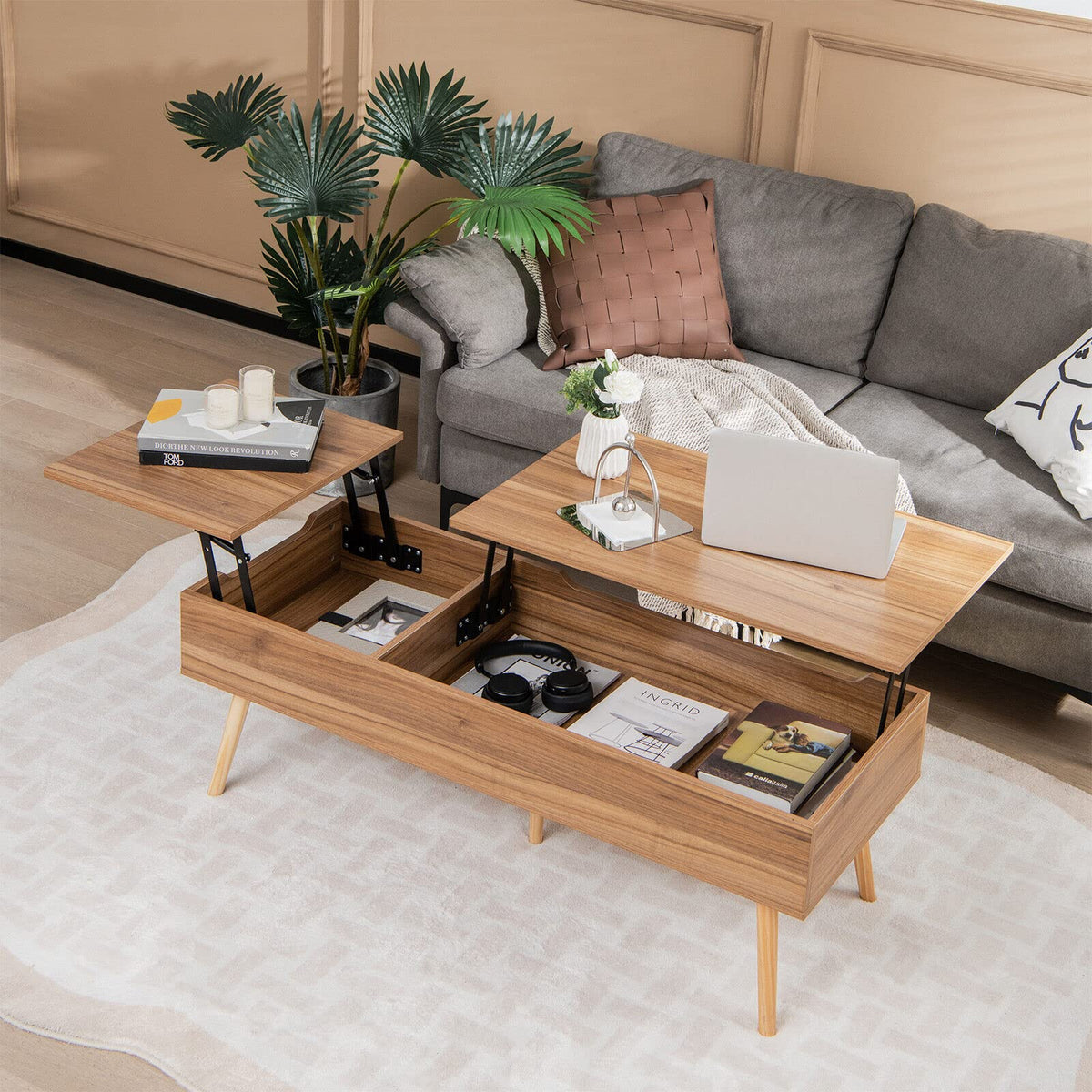120cm Lift Top Coffee Table with Storage, Split Top Accent Table with Pneumatic Rods, Brown