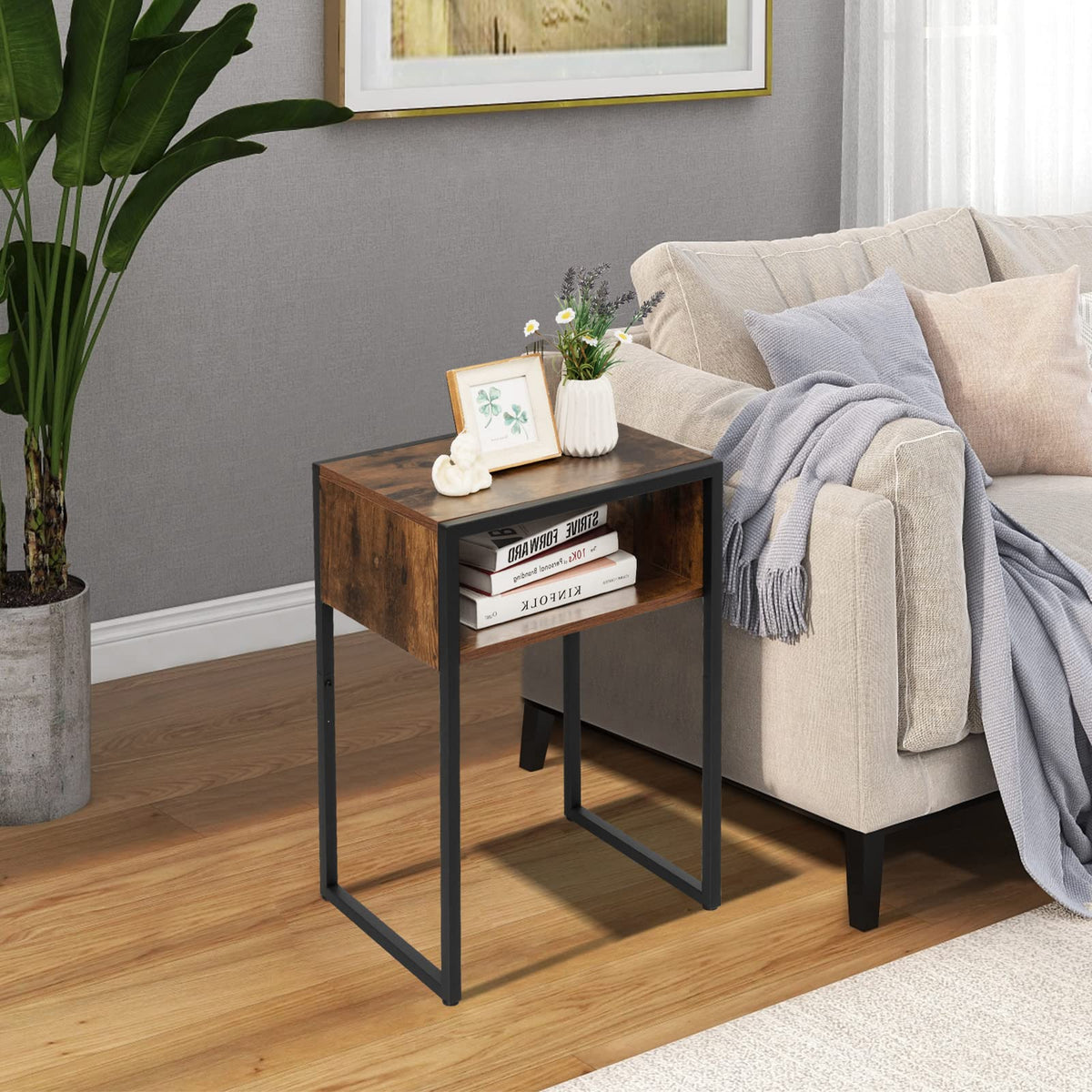 Giantex Industrial End Table, Retro Side Table with 2-Tier Open Storage Shelf, Rustic Brown