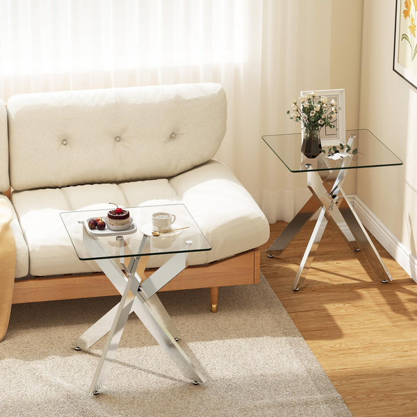 Glass Side Table with Tempered Glass Top and Metal X Base for Living Room and Bedroom