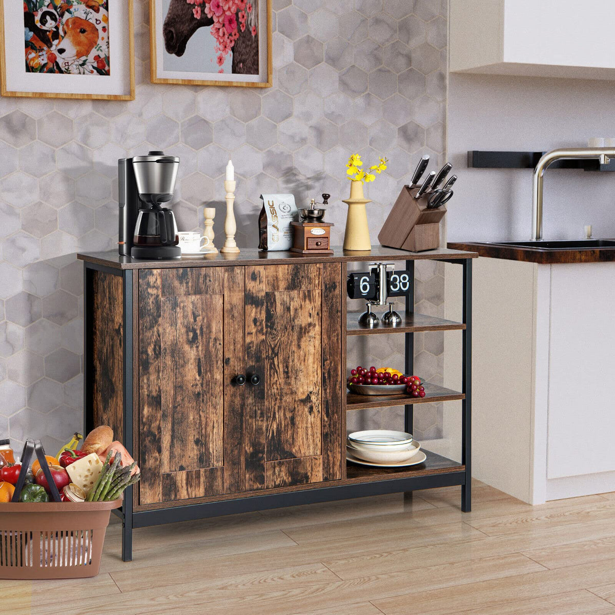 iantex Industrial Kitchen Buffet Cabinet, Multipurpose Console Table w/2-Door Cabinet, Adjustable Inside Shelf