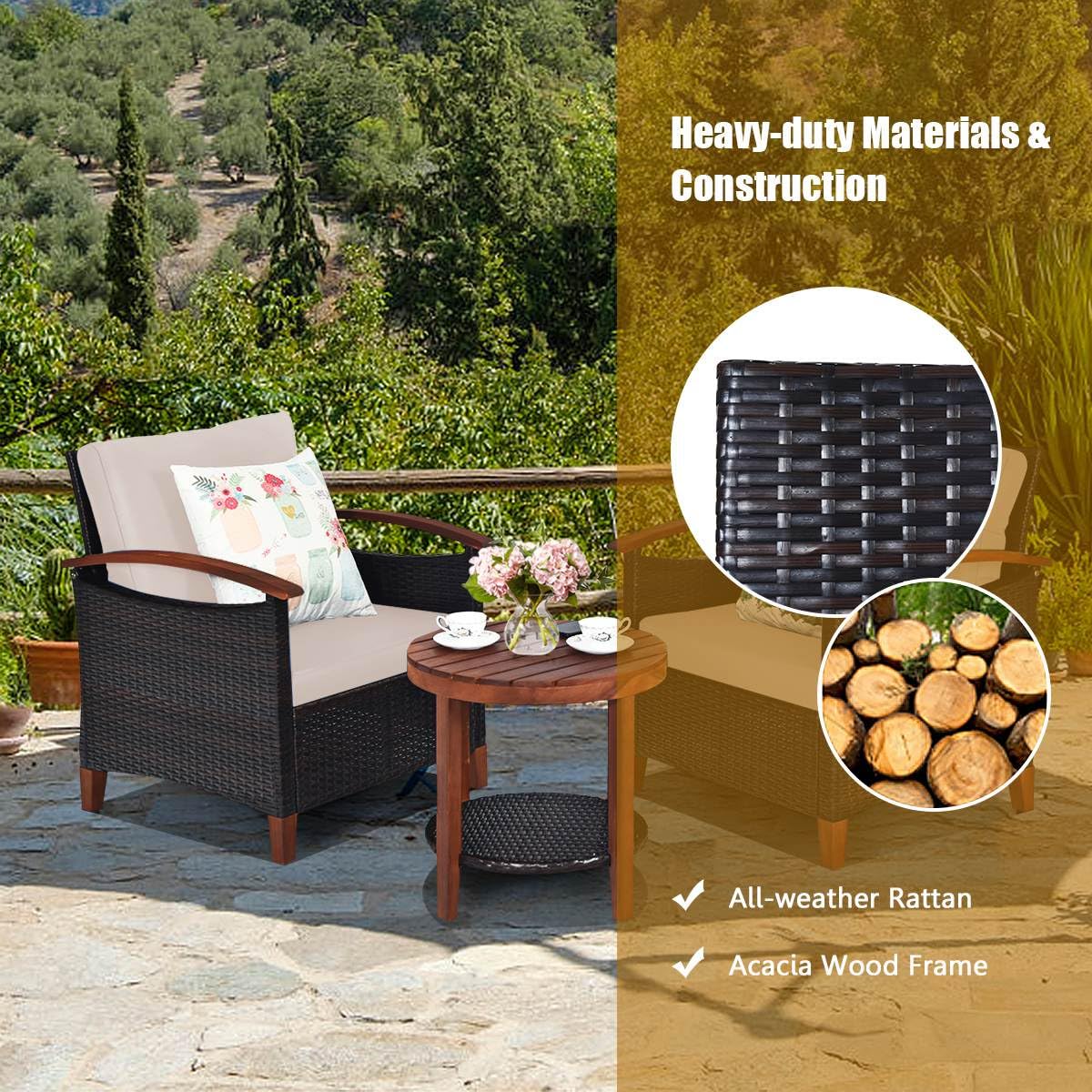 3 Piece Patio Sofa Set, 2 Rattan Chairs w/ 2-Tier Coffee Table