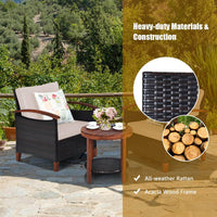 3 Piece Patio Sofa Set, 2 Rattan Chairs w/ 2-Tier Coffee Table
