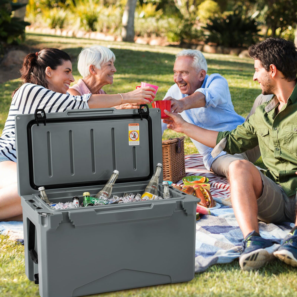 Insulated Portable Ice Chest with Integrated Cup Holders Hard Cooler w/Wheels & Handle