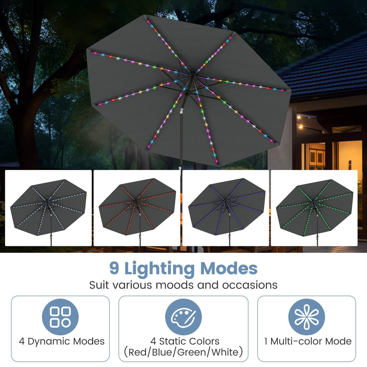 3 m Solar Patio Umbrella w/ 96 LED Lights, 9 Modes