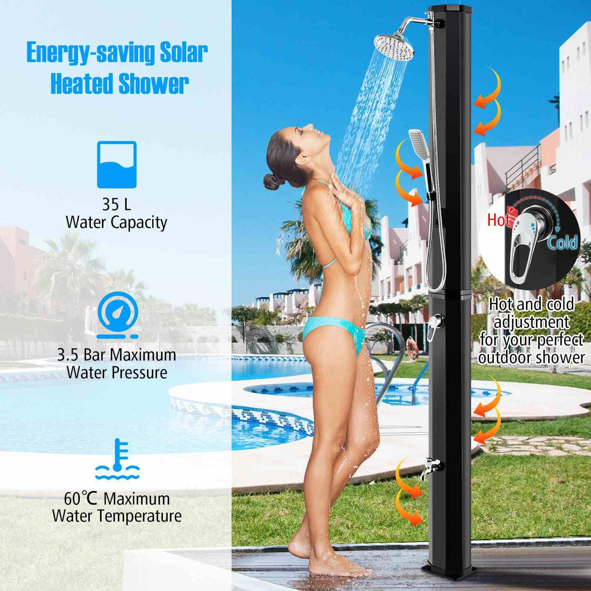 35 L Solar Heated Outdoor Shower with 360 Swivel Shower Head