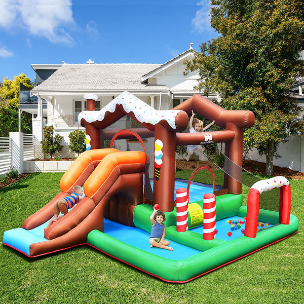 Inflatable Bounce House, Jumping Castle for Kids w/Large Jumping Play Area, Tunnel, Long Slide, Climbing Wall, Basketball Hoop(Without Blower)