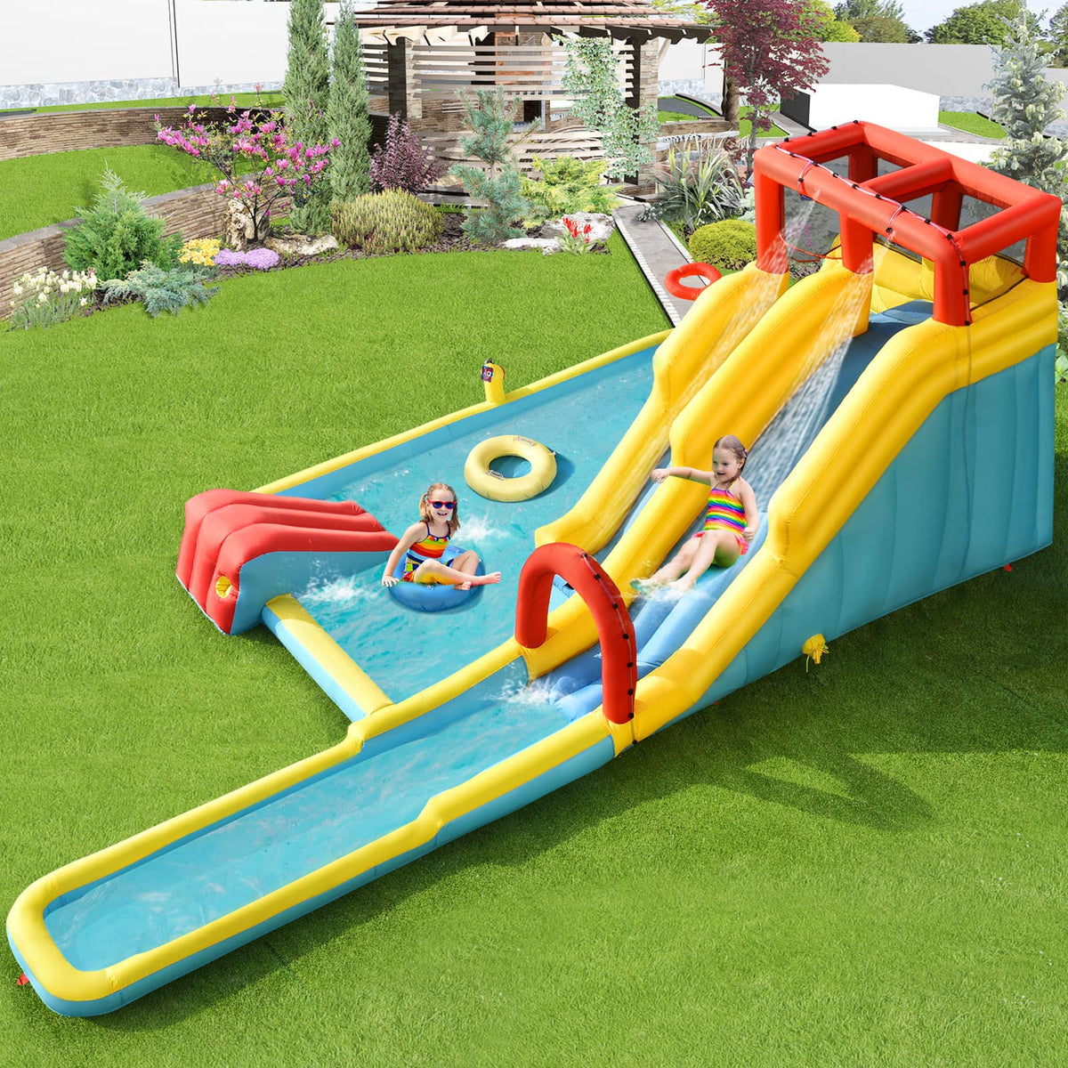 Inflatable Water Slide, 7-in-1 Double Long Slide Inflatable Water Park w/Climbing Wall