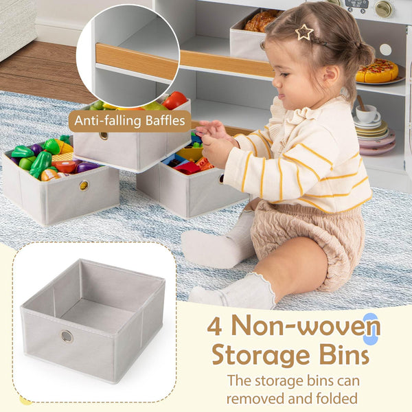 Play Kitchen for Kids with Storage, Wooden Toy Kitchen Set w/4 Storage Bins