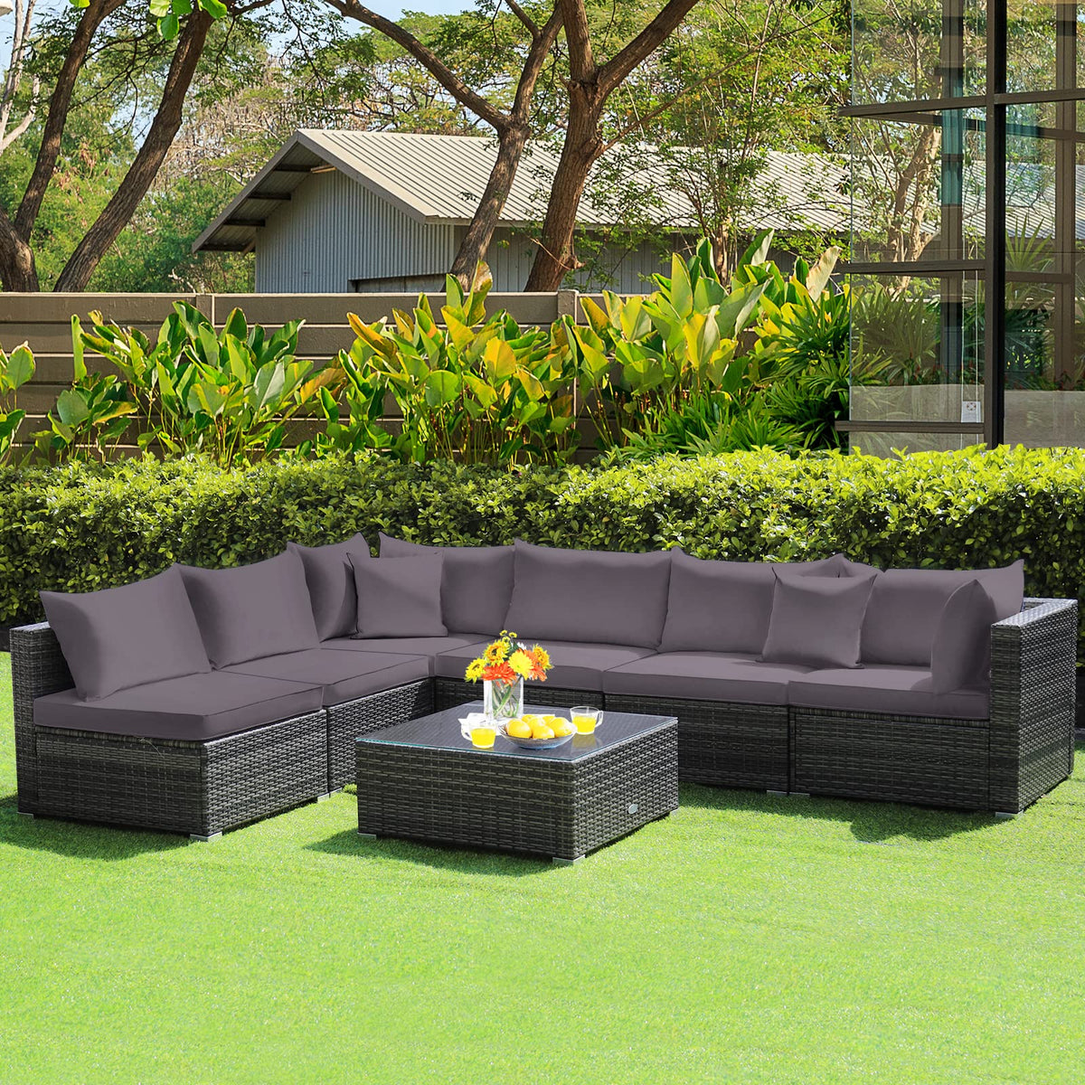 7 Piece Patio Rattan Conversation Set with Seat & Back Cushions for Backyard/Poolside/Balcony
