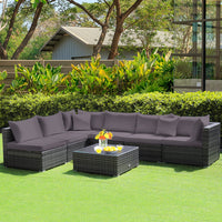 7 Piece Patio Rattan Conversation Set with Seat & Back Cushions for Backyard/Poolside/Balcony