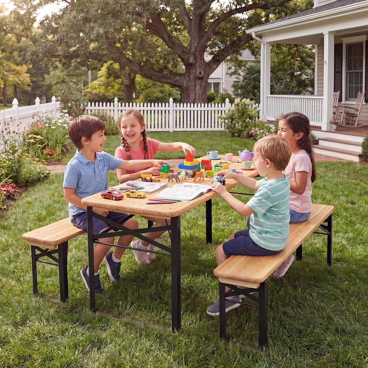110 CM Folding Kids Picnic Table & Bench Set, No Assembly Wooden Toddler Table