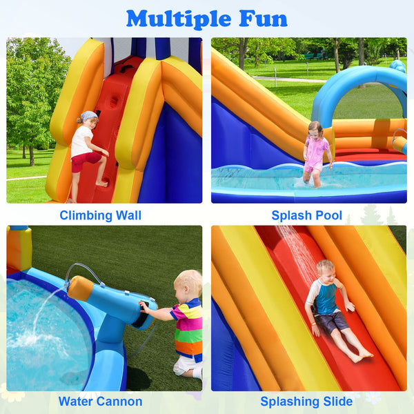 Shark Theme Bouncy House with Slide, Splash Pool, Climbing Wall, Water Gun, Outdoor Jumping Castle with Hose, Carry Bag, Stakes (without Blower)