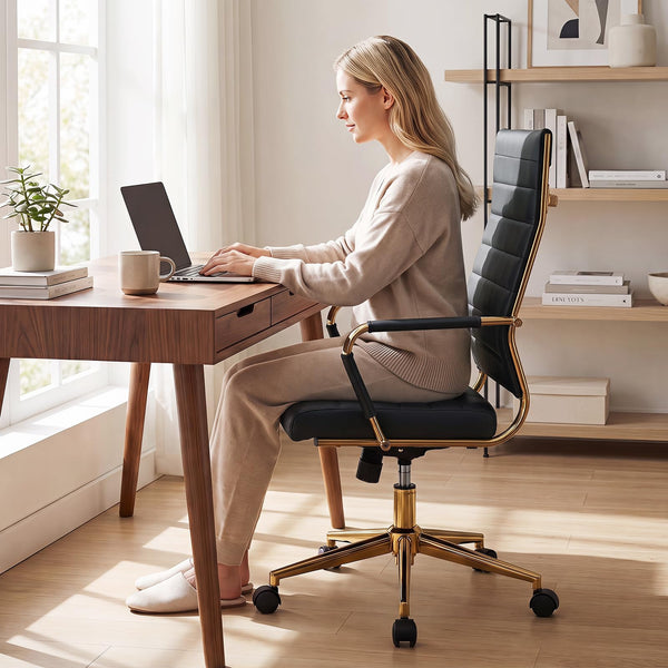 Ribbed PU Leather Office Chair with Armrests and Reclining Backrest
