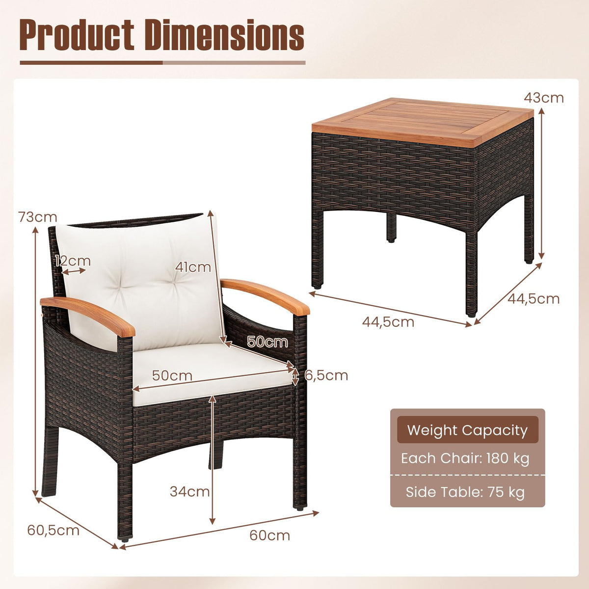 3-Piece Wicker Bistro Set with Acacia Table & Armchairs and Cushions for Backyard