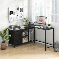 Giantex L-Shaped Computer Desk with Power Outlet, Convertible Corner Desk with 3 Fabric Drawers & Metal Mesh Shelves