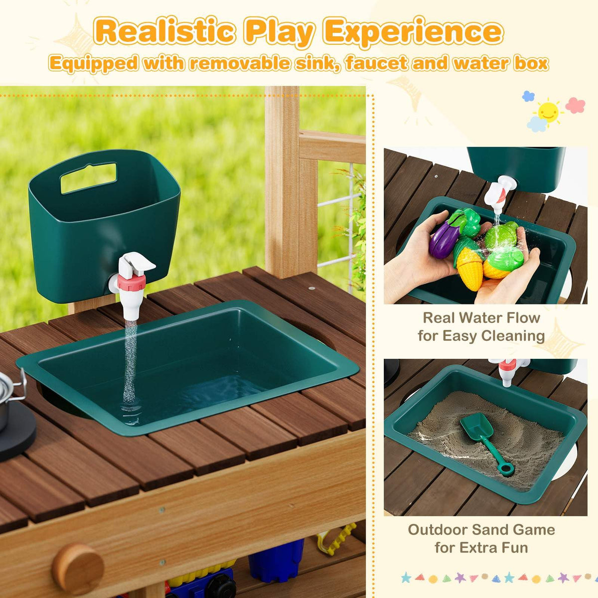 Outdoor Play Kitchen for Kids Wooden Toy Kitchen Playset with Removable Faucet