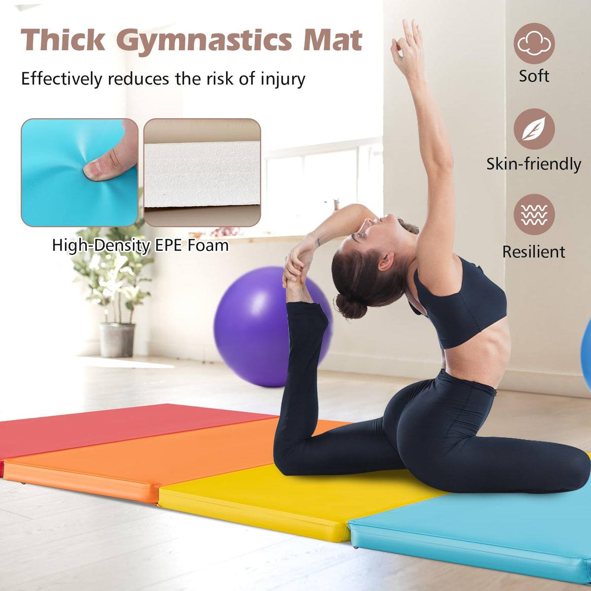 Gymnastics Mat, Tri-Fold Thick Tumbling Mat 180 cm x 120 cm x 4 cm with Hook & Loop Fasteners