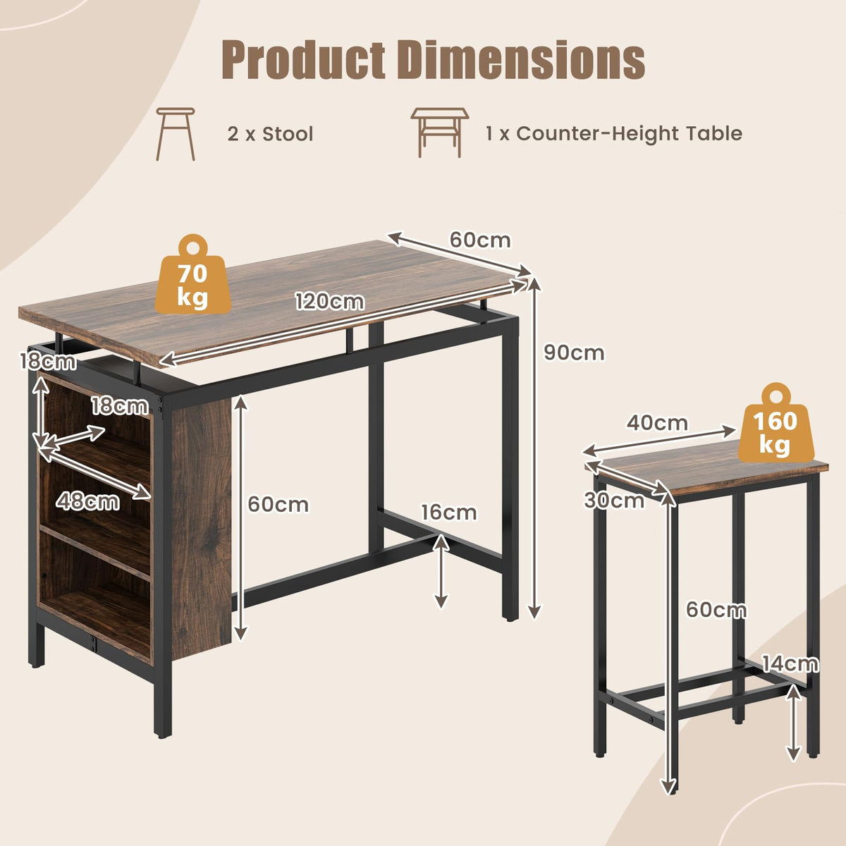 Giantex 3-Piece Dining Table Set, Antique Counter-Height Dining Table & 2 Bar Stools w/ 3-Tier Storage Shelf