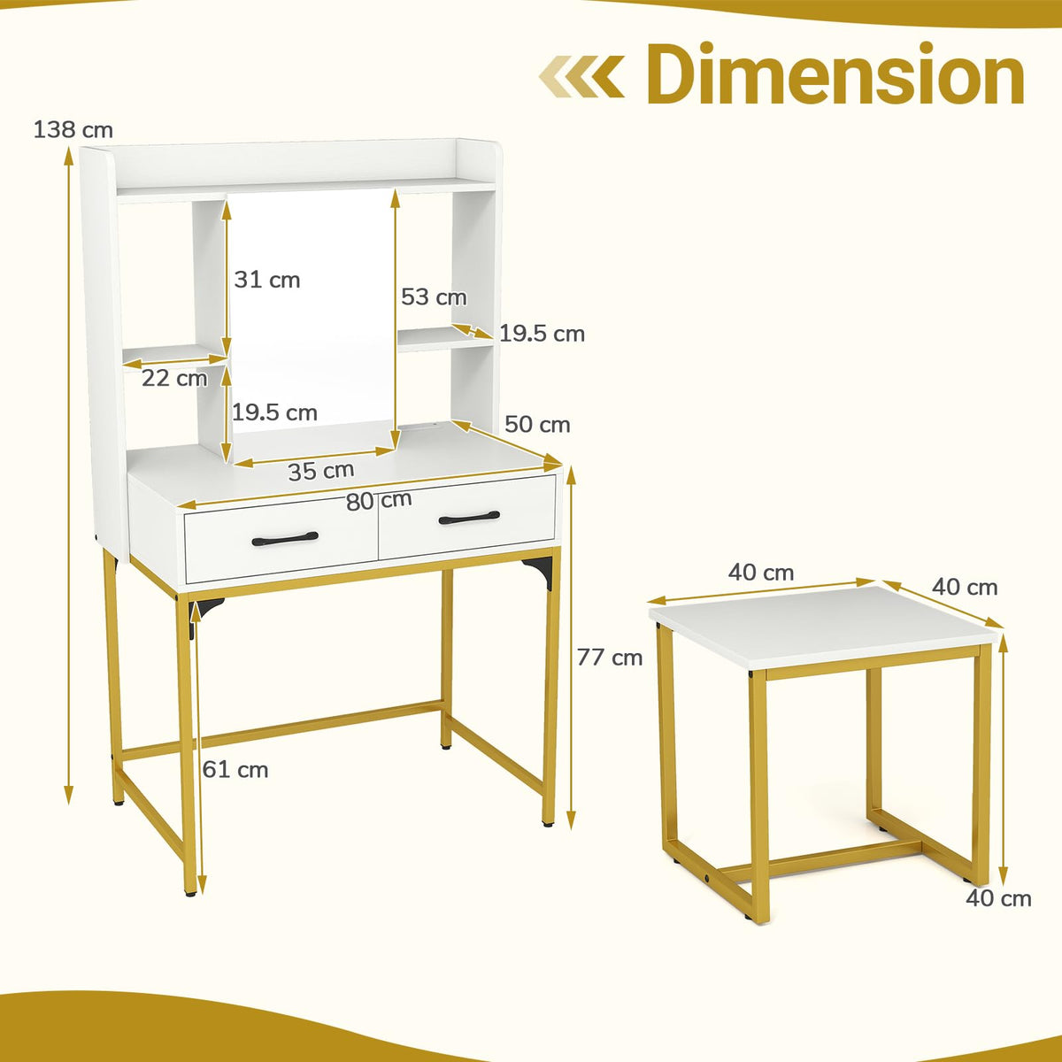 80 CM Wide Vanity Desk with Mirror and Stool Power Outlets