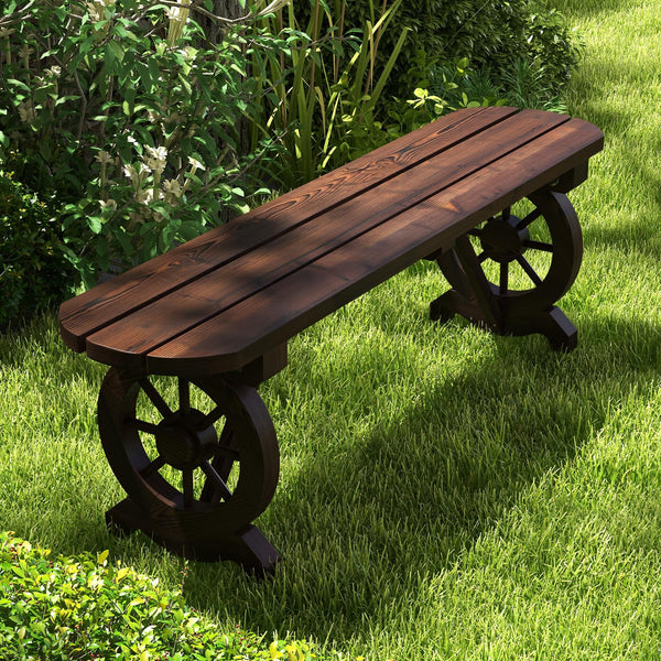 Patio Rustic Wood Bench, Carbonized Wood Long Bench w/Wagon Wheel Base