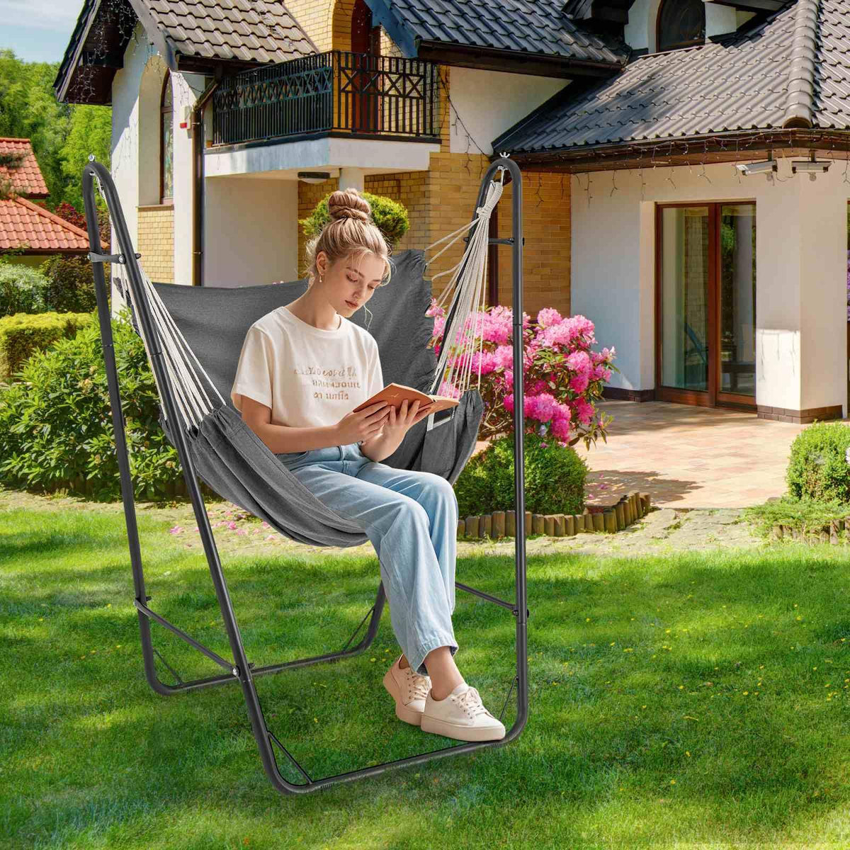 Hammock Chair with Stand and Side Pocket for Living Room