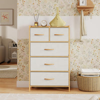 Giantex 5-Drawer Dresser for Bedroom, Bamboo Storage Tower with 5 Foldable Fabric Drawers