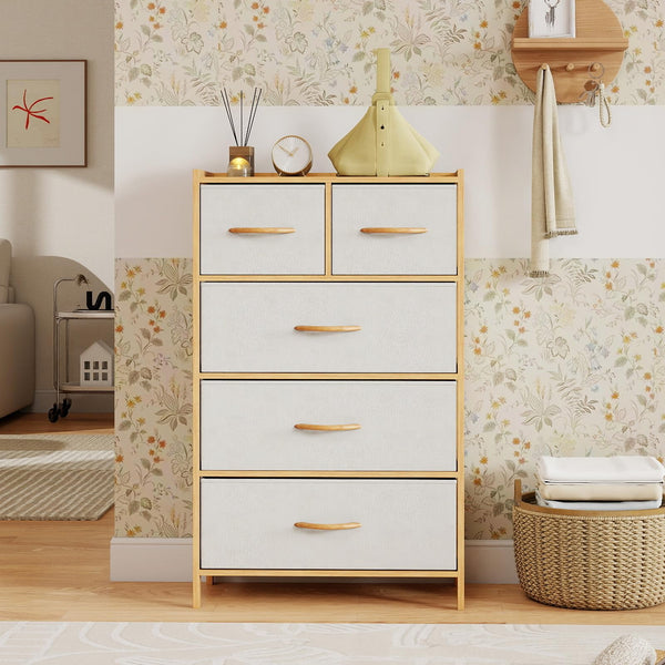 Giantex 5-Drawer Dresser for Bedroom, Bamboo Storage Tower with 5 Foldable Fabric Drawers